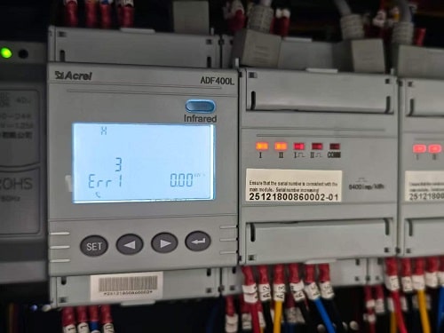 Acrel high-density multi-circuit monitoring system installed inside a low-voltage utility feeder pillar.